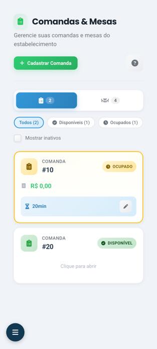 Tela do PDV móvel do Garfo APP - sistema de vendas no celular para restaurantes