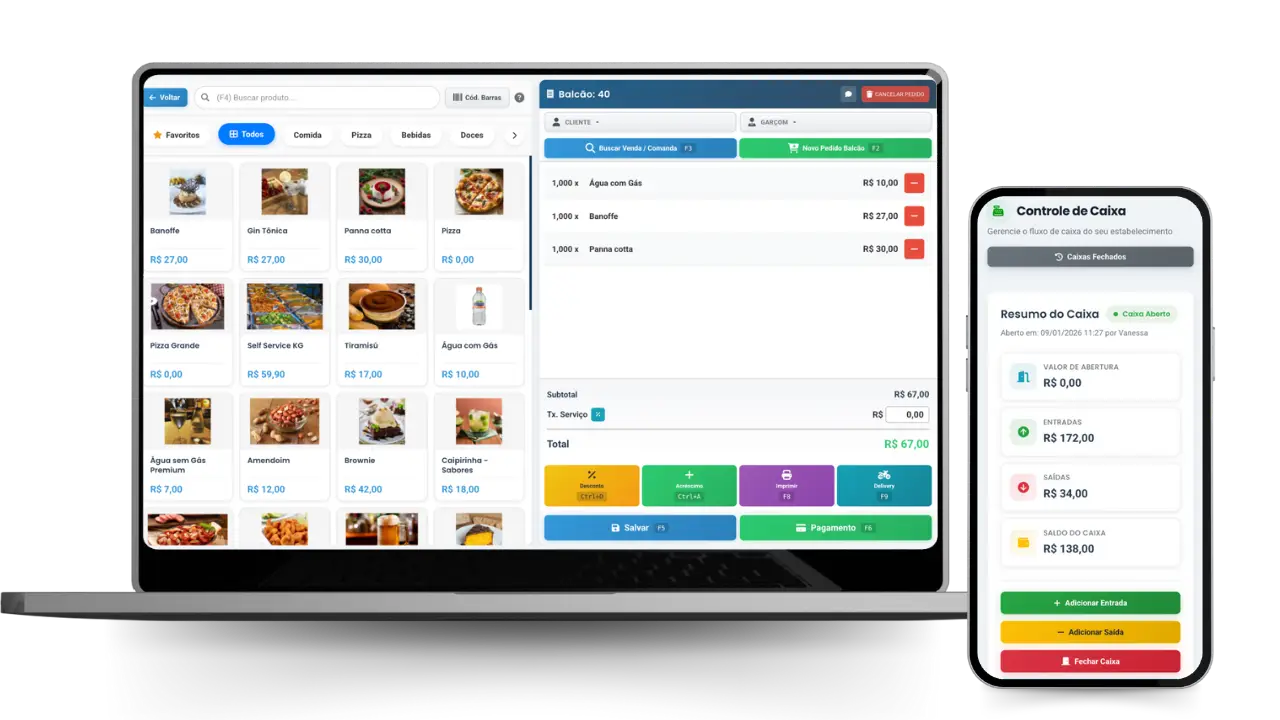 Dashboard do sistema Garfo APP mostrando interface de PDV e controle de vendas para restaurantes
